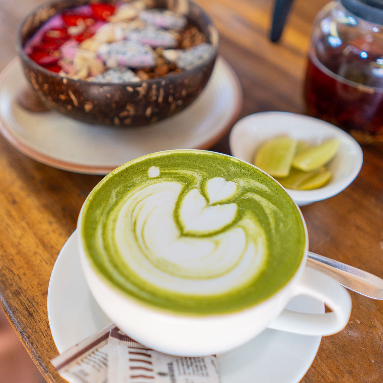 breakfast spread with matcha and acai bowl