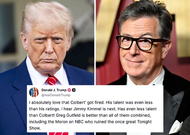 Donald Trump and Stephen Colbert with Truth Social comment