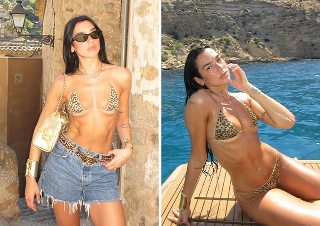 Dua Lipa leopard print string bikini