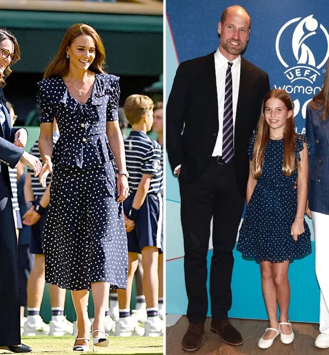 Princess Charlotte Recreates Her Mom's Iconic Polka Dot Look In A Chic Navy Dress During UEFA Event With Prince William - SHEfinds Princess Charlotte Recreates Her Mom's Iconic Polka Dot Look In A Chic Navy Dress During UEFA Event With Prince William - SHEfinds