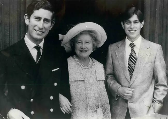 Queen Mother with Prince Andrew and King Charles in 1975