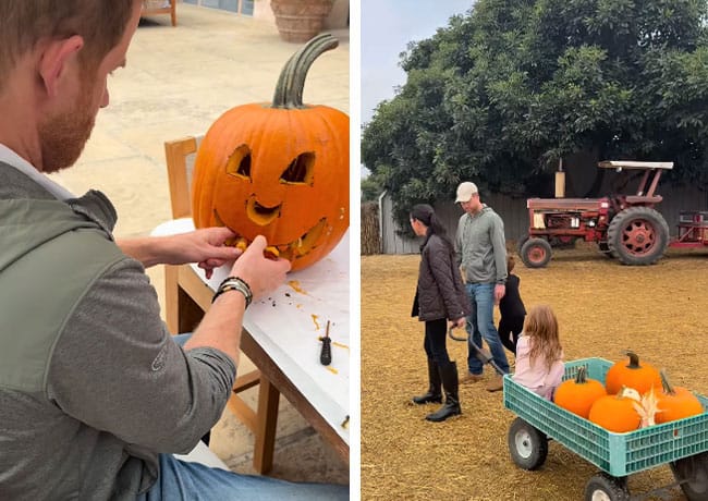Prince Harry carving pumpkin Meghan Markle pushing Lilibet