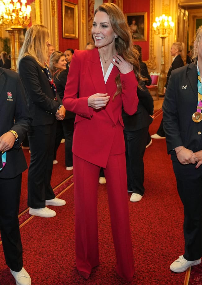 Kate Middleton red Alexander McQueen suit reception England Women's Rugby Team