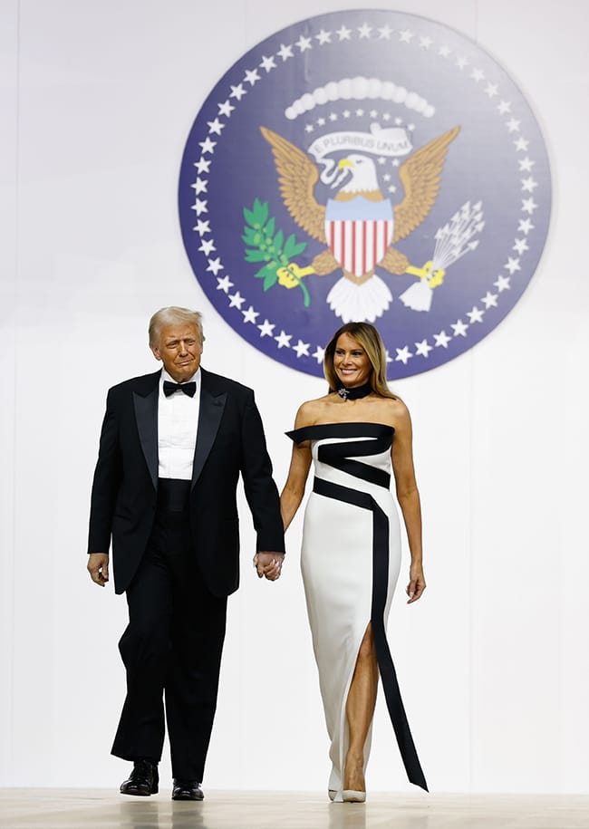 Donald Trump and Melania Trump inauguration 2025 black and white dress