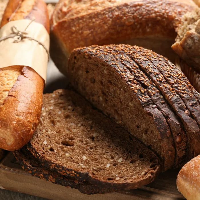 Various types of bread displayed.