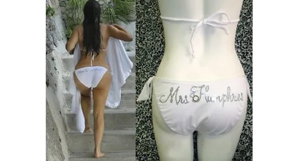 Personalized 'Mrs' bikini inspired by Kim Kardashian's rhinestone design.