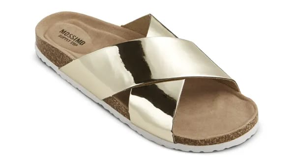 Trendy metallic sandals perfect for summer fashion.