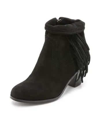 Sam Edelman Louie Suede Fringe Booties Sam Edelman showcasing fashionable shoes in a vibrant display.
