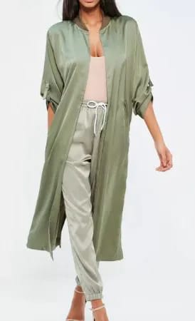 Green Oversized Satin d Ring Detail Duster Coat