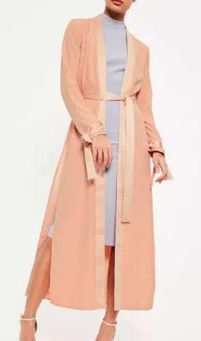 Nude Satin Trim Tie Cuff Duster Coat