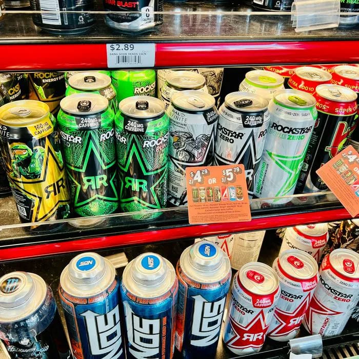 energy drink aisle in grocery store