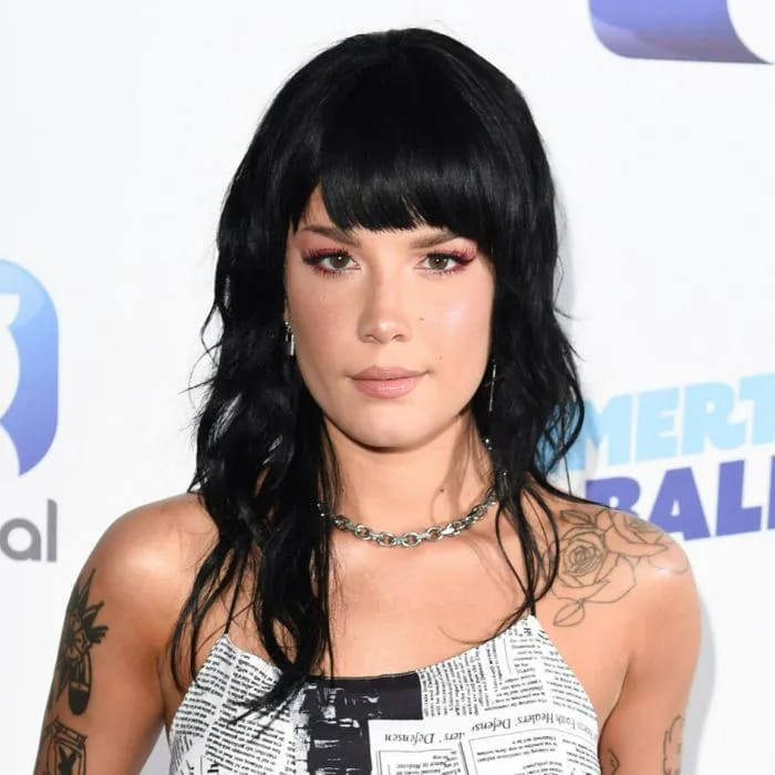 halsey long black hair wavy hair red carpet mullet shag