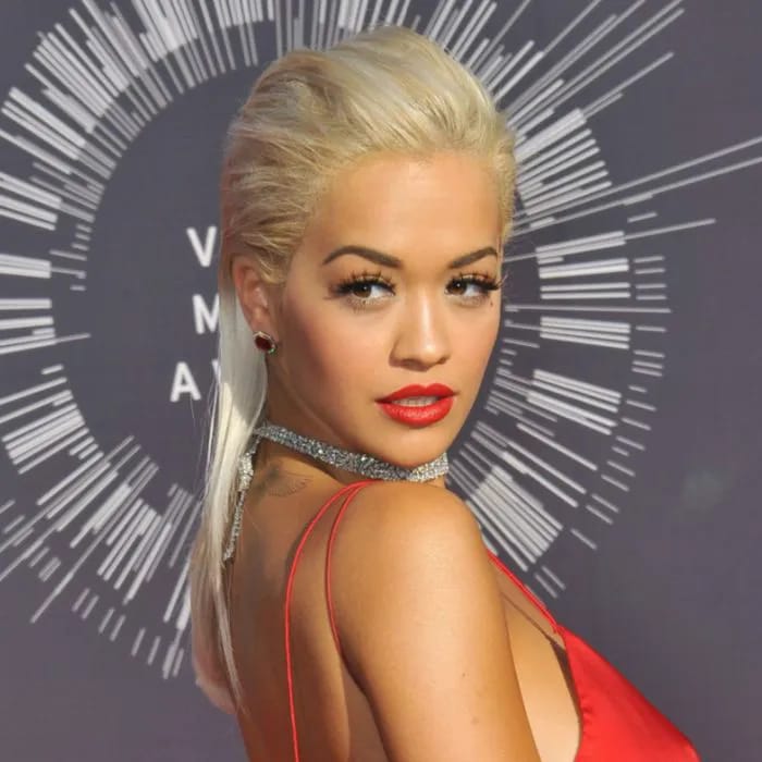 rita ora slicked back faux mullet blonde hair red dress mtv awards