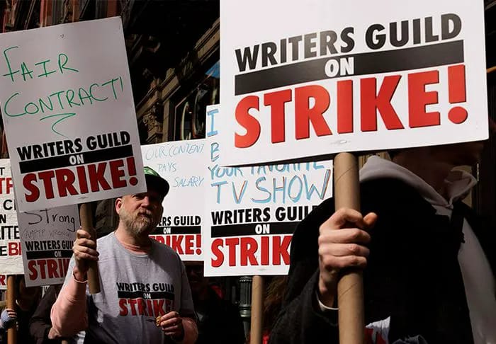 Picketers during the Writers Strike in NYC, 2023