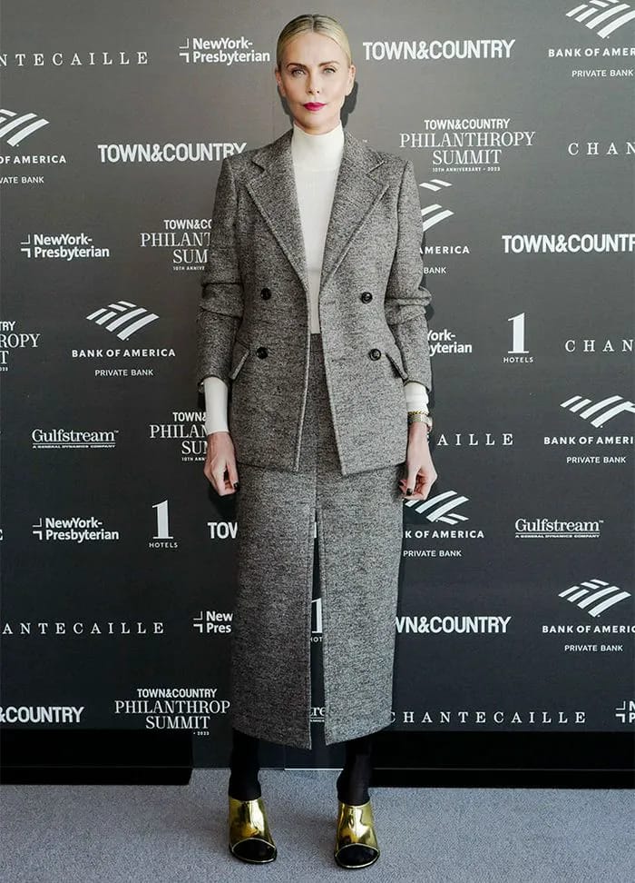 Charlize Theron Bottega Veneta suit Town and Country Philanthropy Summit Hearst Tower NYC