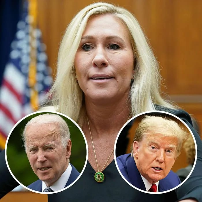 Marjorie Taylor Greene with Joe Biden and Donald Trump.