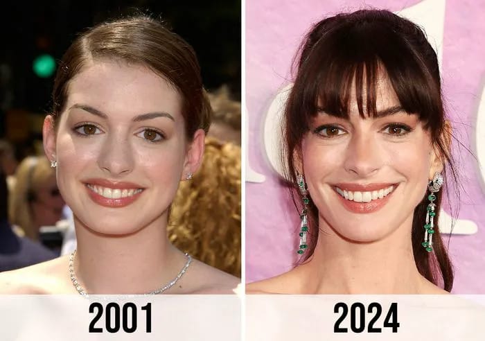 "Side-by-side comparison of Anne Hathaway from 2001 and 2024"