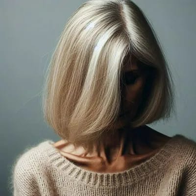 "Older blonde woman looking down with an obscured face"
