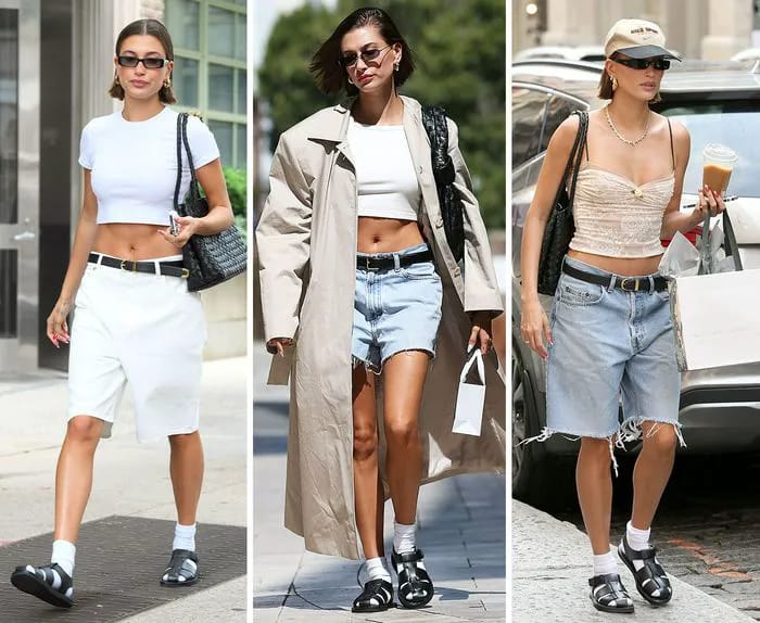 Hailey Bieber wearing black fisherman sandals with white socks