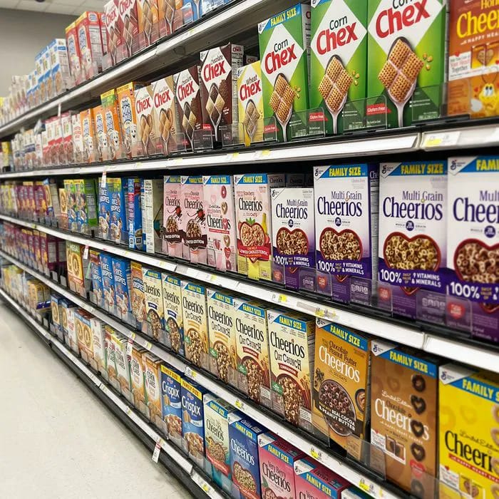 "Cereal boxes in grocery store aisle"