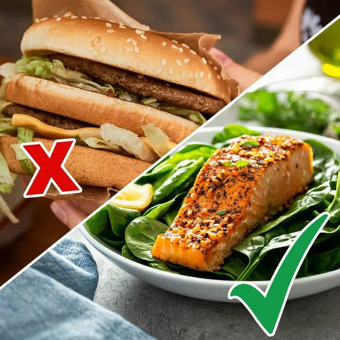 Fast food burger marked with an X and salmon with a checkmark.