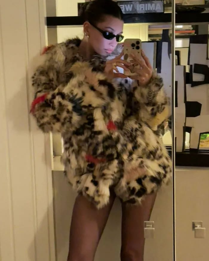 Hailey Bieber fuzzy snow leopard jacket