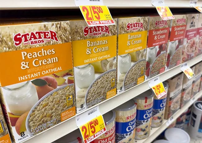 row of flavored oatmeal boxes