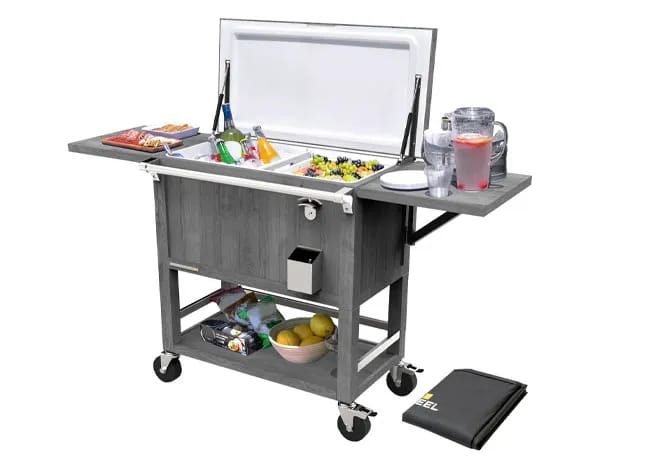 Stylish patio cooler and beverage cart with side shelves.