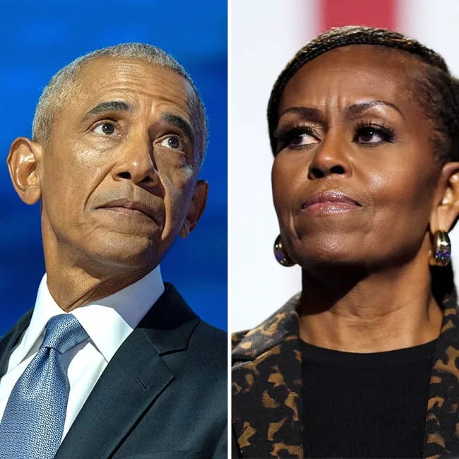 Michelle Obama and Barack Obama sharing a candid moment together.