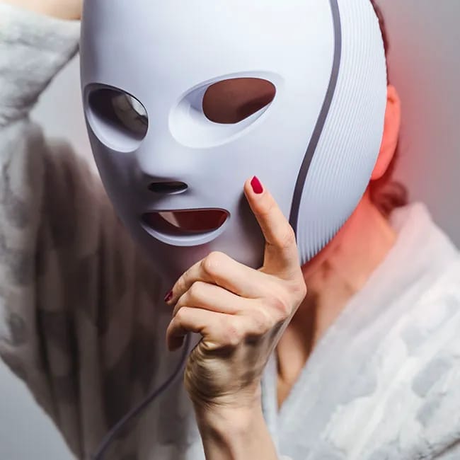 Older woman using a red light therapy mask.