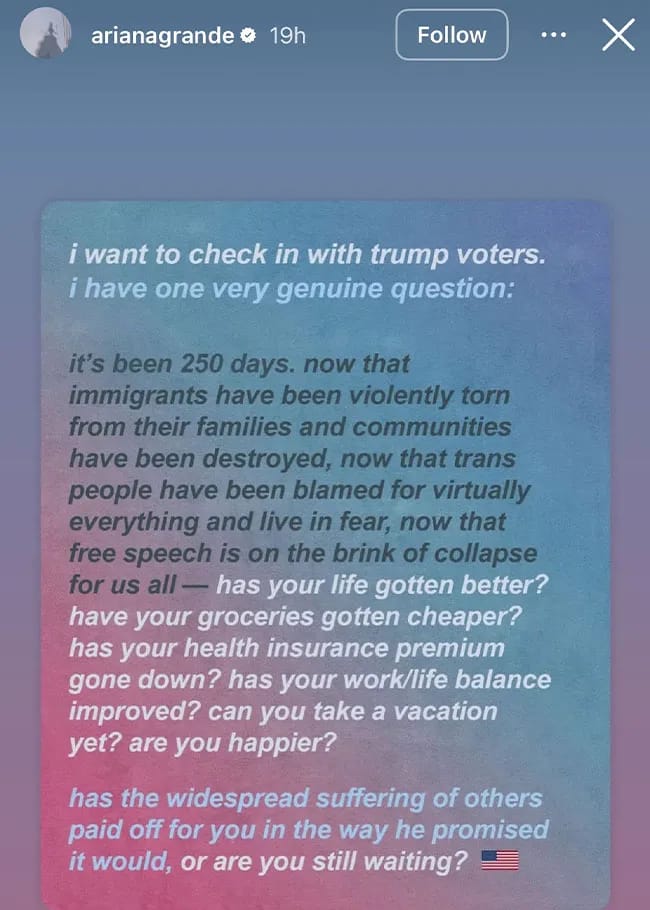 Ariana Grande Instagram Story about Donald Trump