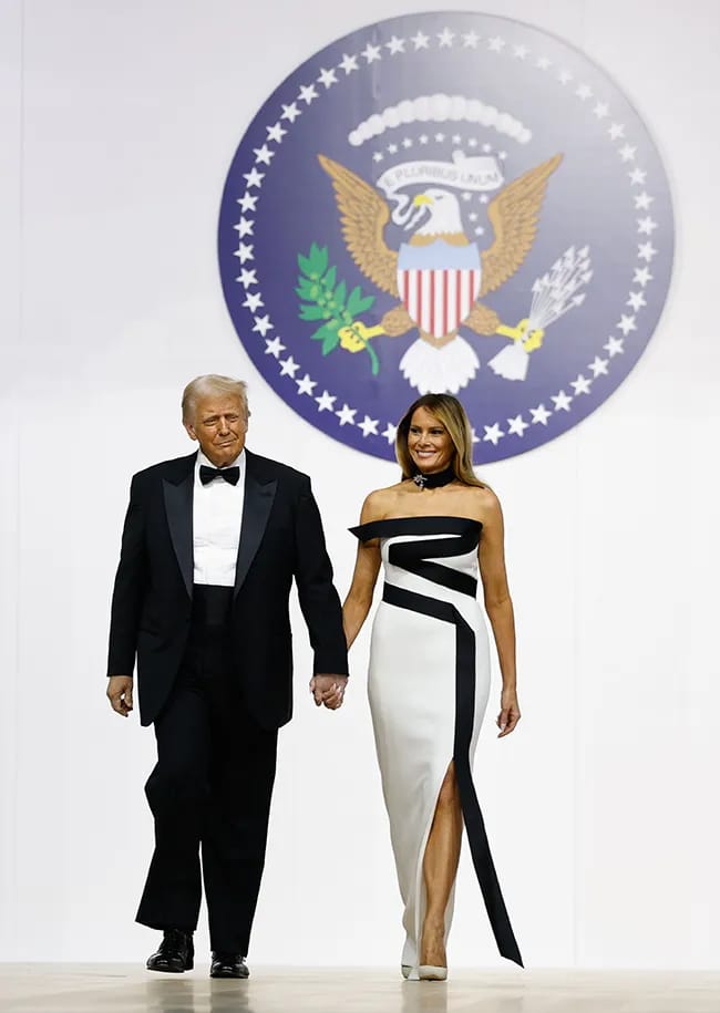 Donald Trump and Melania Trump inauguration 2025 black and white dress