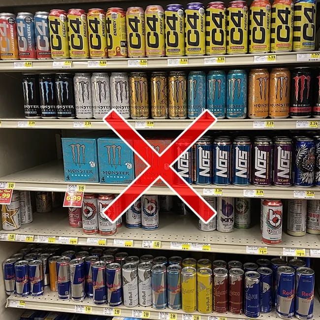 Energy drink section in a retail grocery store