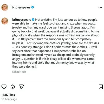Britney Spears confronts thief over stolen wardrobe and jewelry.