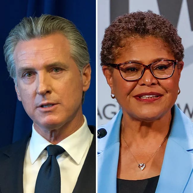 Gavin Newsom and Karen Bass at a public event