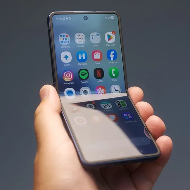 Samsung Galaxy Z Flip 7 smartphone displayed at an angle.