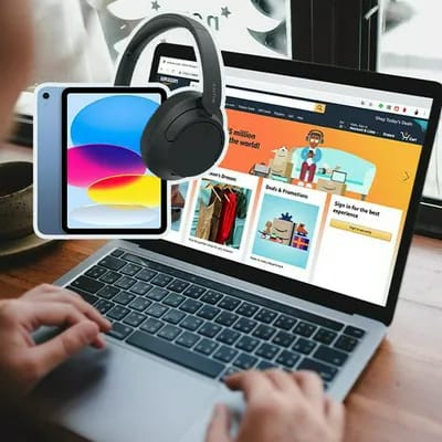 Sony headphones, iPad, and laptop on Amazon site.