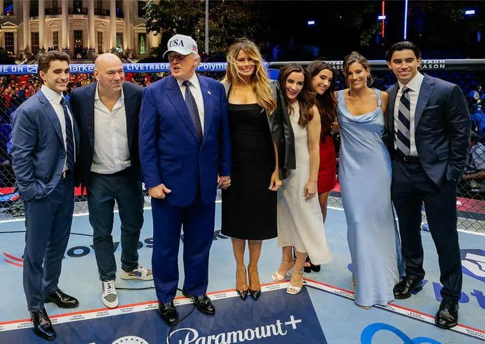 "UFC CEO Dana White with President Donald Trump and First Lady Melania Trump at UFC Freedom 250"