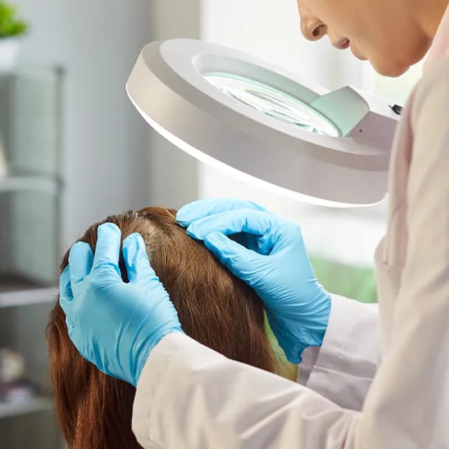 Doctor examining a woman's scalp for hair health issues.