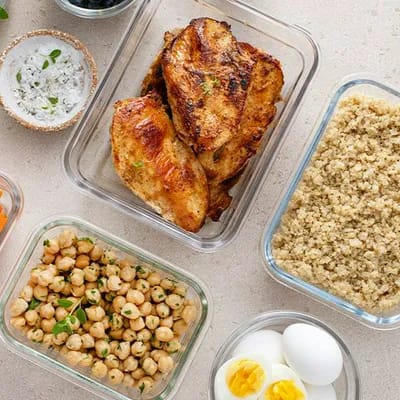 High-protein dip made with chicken and chickpeas.