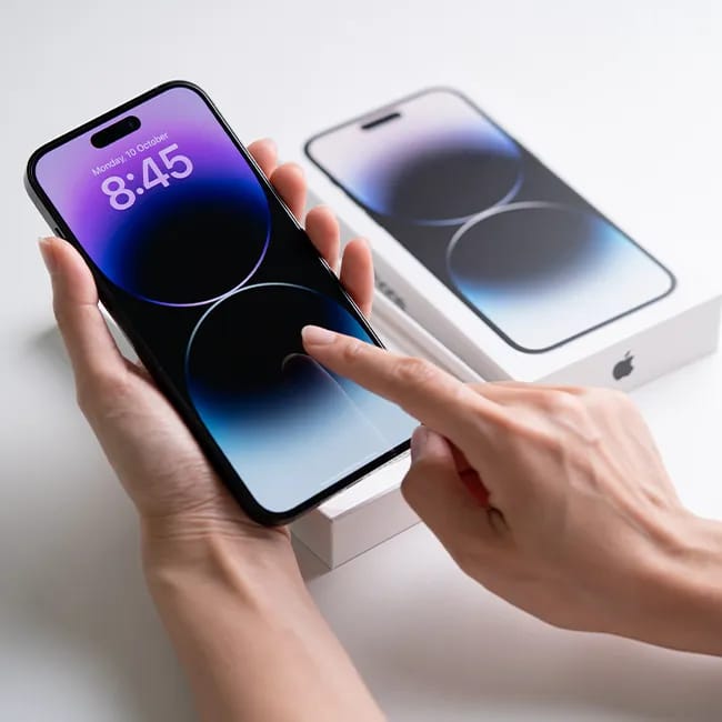 Hand holding an iPhone in a casual setting.