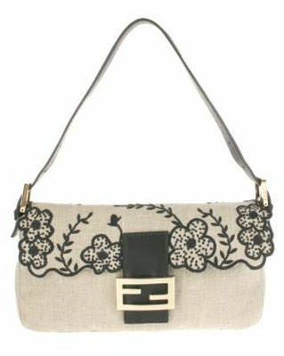 Vintage Baguette bag in beige flax with embroidered black flowers