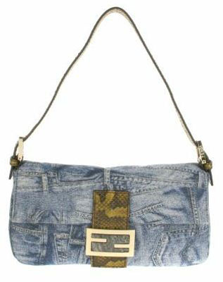 Vintage Baguette bag in denim with embroidered gold threads Crocodile tab