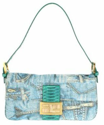 Vintage Baguette bag in denim with embroidered gold threads Green crocodile tab
