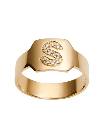 Large ID ring featuring a single burnished diamond letter by Jennifer Fisher.
