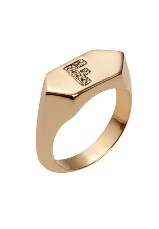 Pointed signet ring with diamond letter detail by Jennifer Fisher.