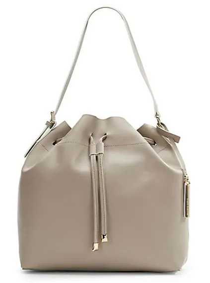 Vince Camuto leather drawstring bucket bag for trendy storage.