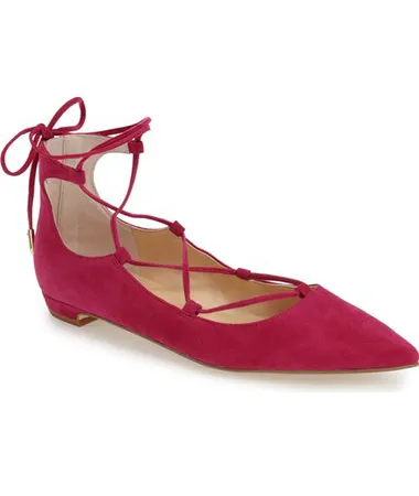 Trendy pointy-toe ghillie flats in tropical design.