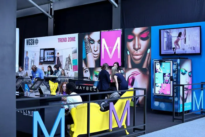 Maybelline cosmetics showcasing vibrant lip colors and beauty products.
