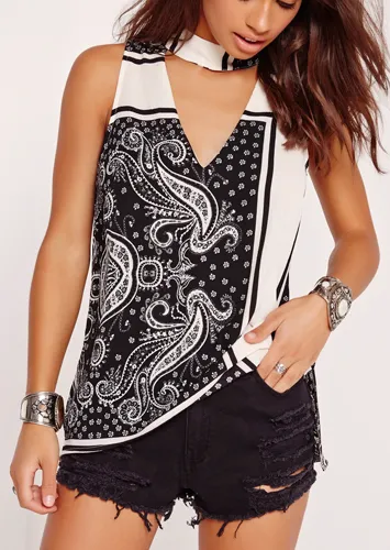 Mono Scarf Print Choker Neck Blouse White